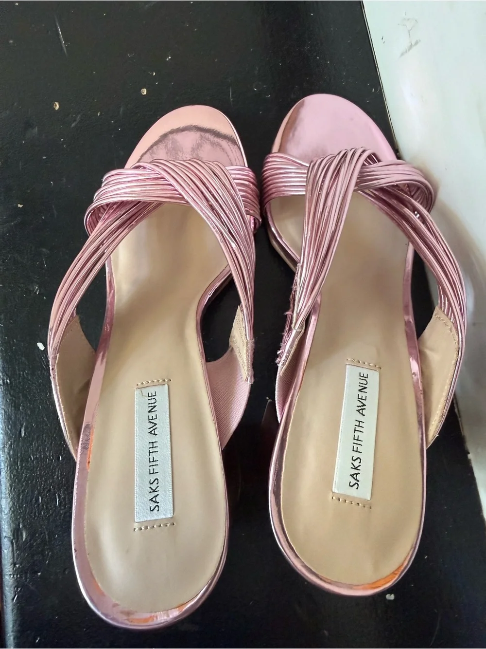 Saks Fifth Avenue Metallic Pink Strappy Block Heel Sandals